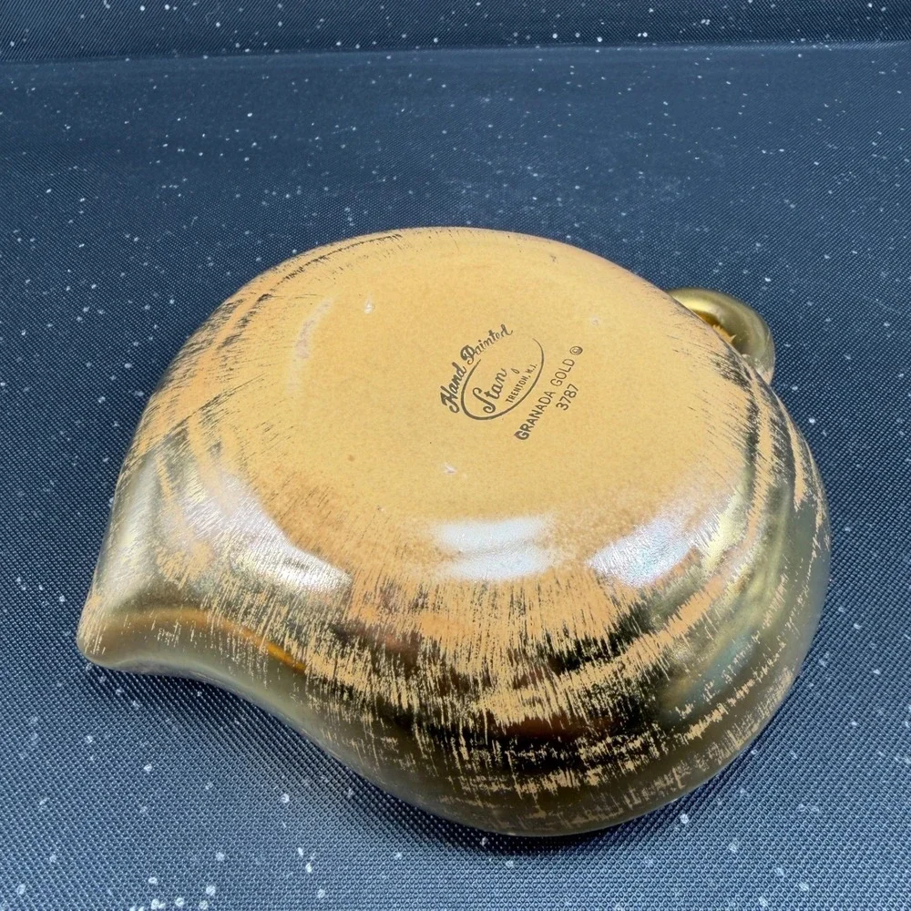 Stangl Pottery Granada Gold Hand Painted Ceramic Leaf Bowl Ring Handle 3787 7in